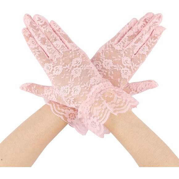 Accessories - Women Pink Short Tea Wedding Bridal Fashion Opera Halloween Cosplay Lace Gloves